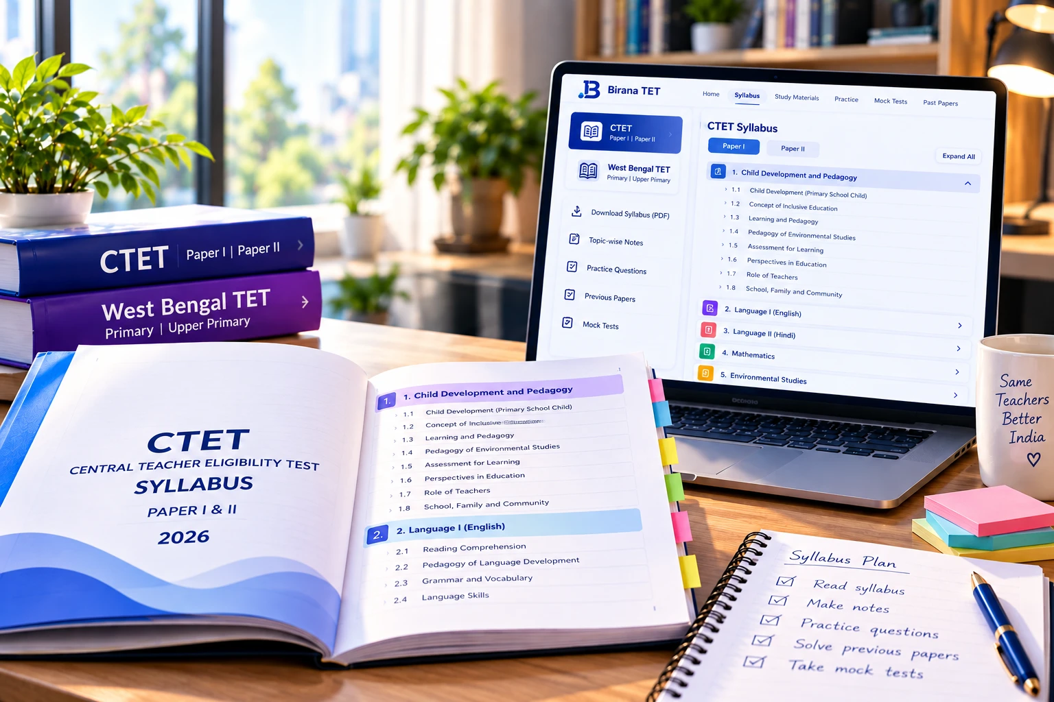 A printed CTET Paper I and II syllabus booklet open at its numbered topic breakdown, beside a laptop showing the same syllabus on this site as an expandable topic tree, with CTET and West Bengal TET subject books and a handwritten study plan